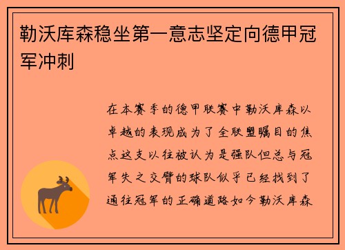 勒沃库森稳坐第一意志坚定向德甲冠军冲刺